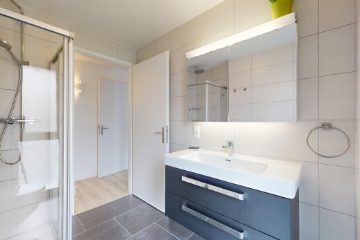 salle de bains avec lavabo (ou coiffeuse selon le contexte), douche, tile wall, mur en carrelage, et miroir