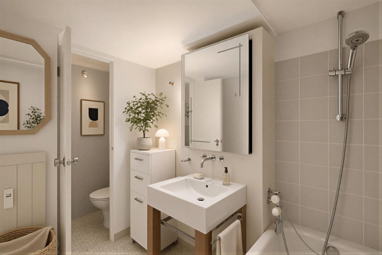 bad mit spiegel, komplettes badezimmer, inside property, toilette, und drywall