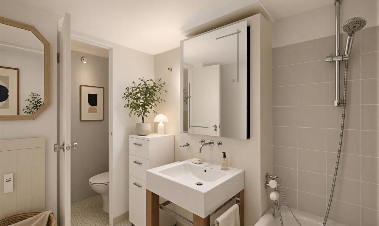 bad mit spiegel, komplettes badezimmer, inside property, toilette, und drywall