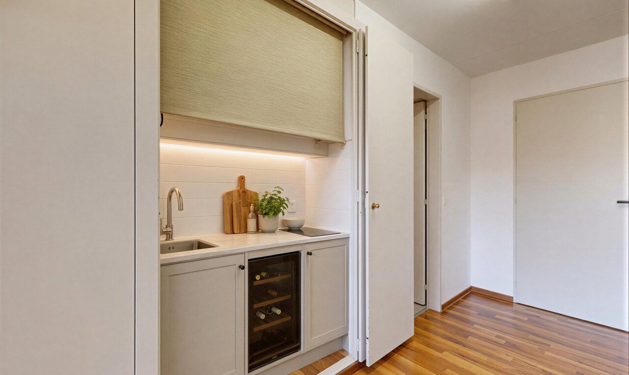 küche mit light floor, drywall, gipskartonwand, inside property, und wood finish floor