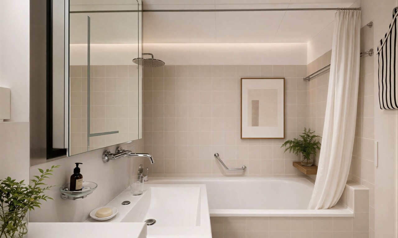 bad mit schminktisch, komplettes badezimmer, spiegel, inside property, und kombiniertes bad / dusche