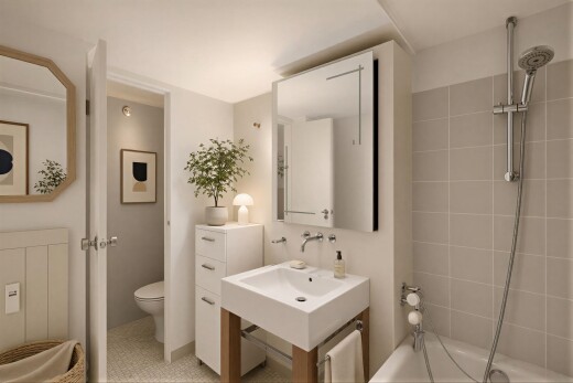 bad mit spiegel, komplettes badezimmer, inside property, toilette, und drywall