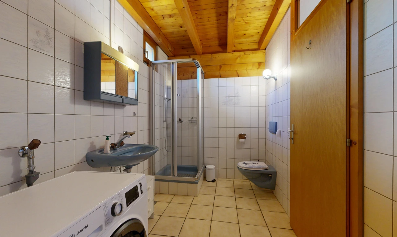 salle de bains avec mur en carrelage, tile wall, salle de bain complète, douche, et lave-linge et sèche-linge