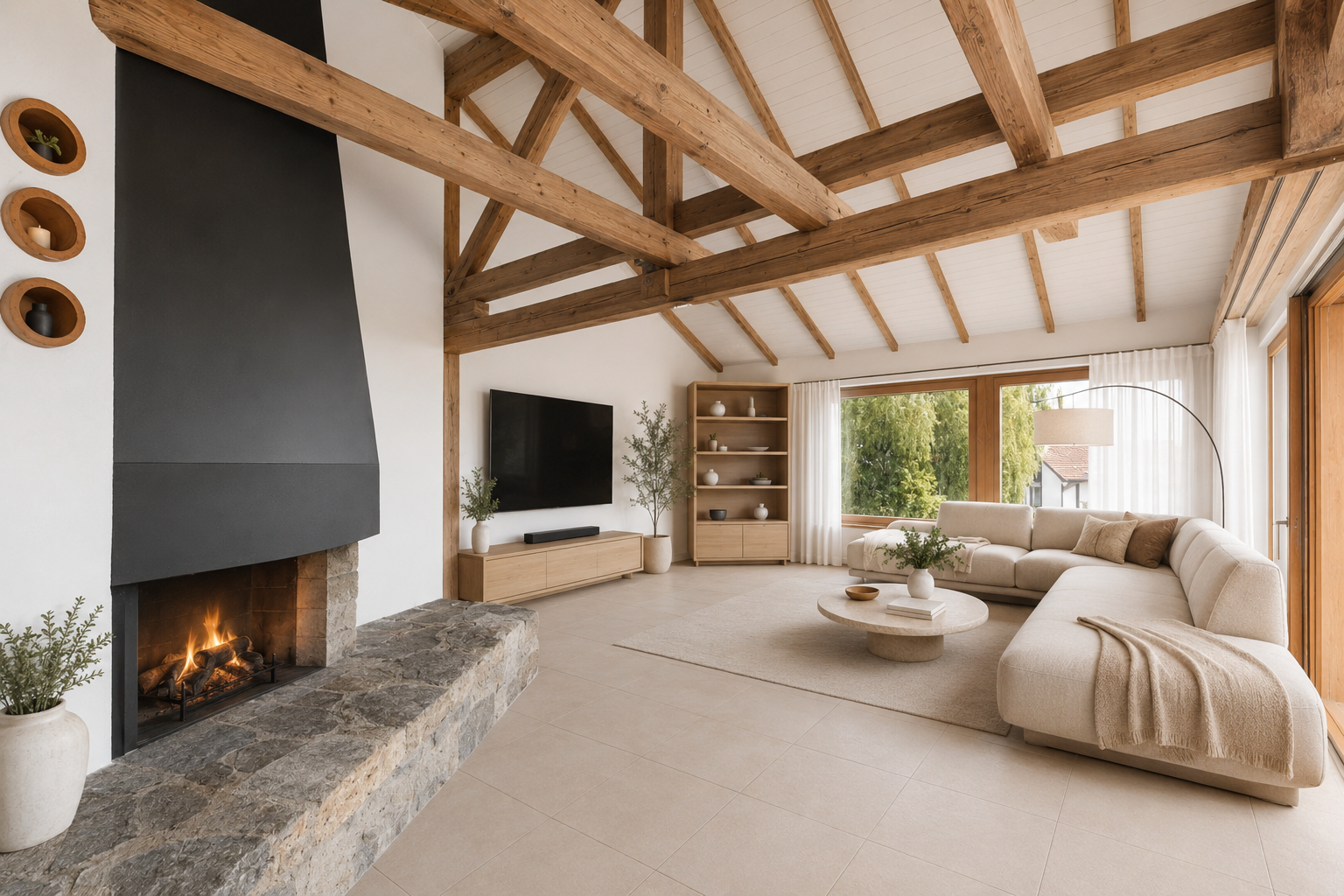 wohnzimmer mit dachschräge, vaulted ceiling, holzdecke, wood ceiling, und natürliches licht