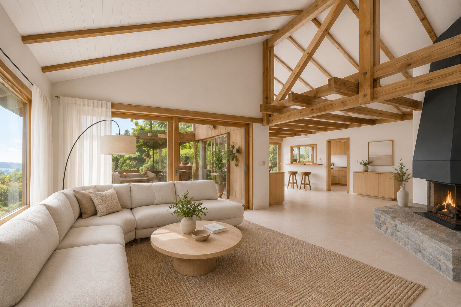 wohnzimmer mit holzdecke, wood ceiling, dachschräge, vaulted ceiling, und inside property