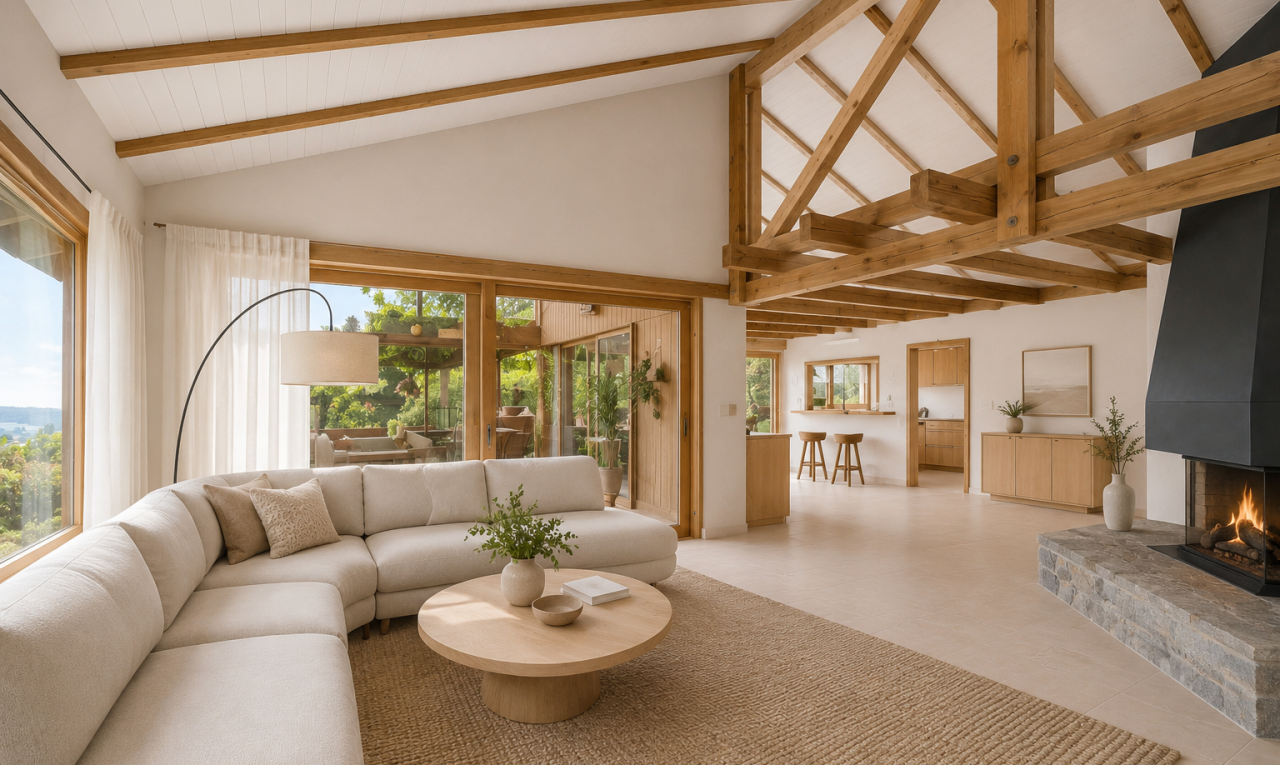 wohnzimmer mit holzdecke, wood ceiling, dachschräge, vaulted ceiling, und inside property