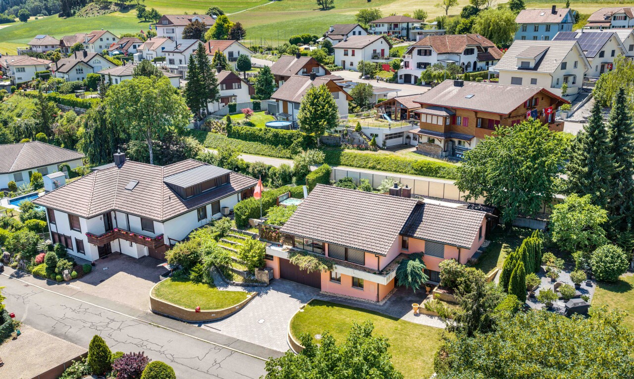 außenansicht mit auffahrt, residential view, wohngebietblick, day time, und rasen