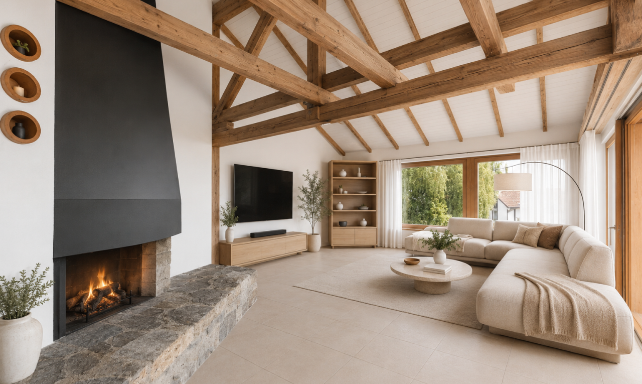 wohnzimmer mit dachschräge, vaulted ceiling, holzdecke, wood ceiling, und natürliches licht