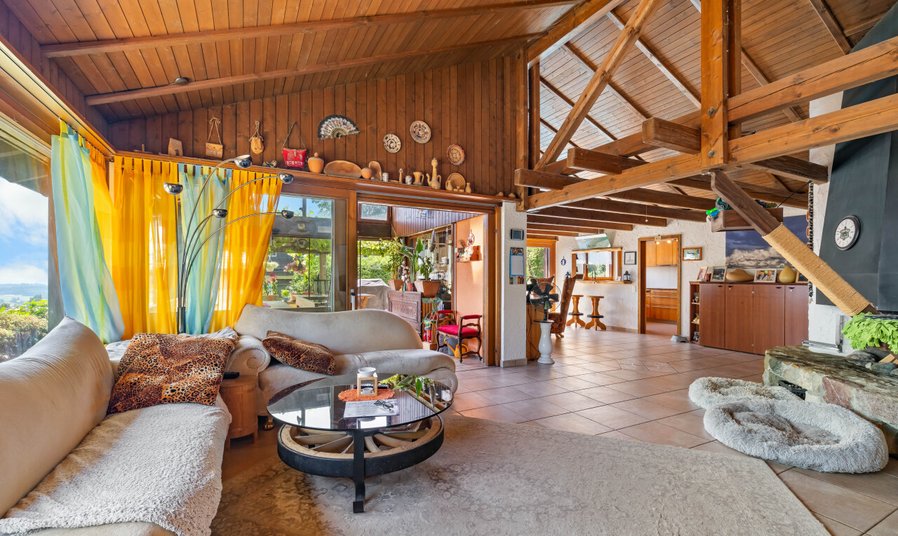 salon avec plafond en bois, wood ceiling, plafond voûté, vaulted ceiling, et inside property