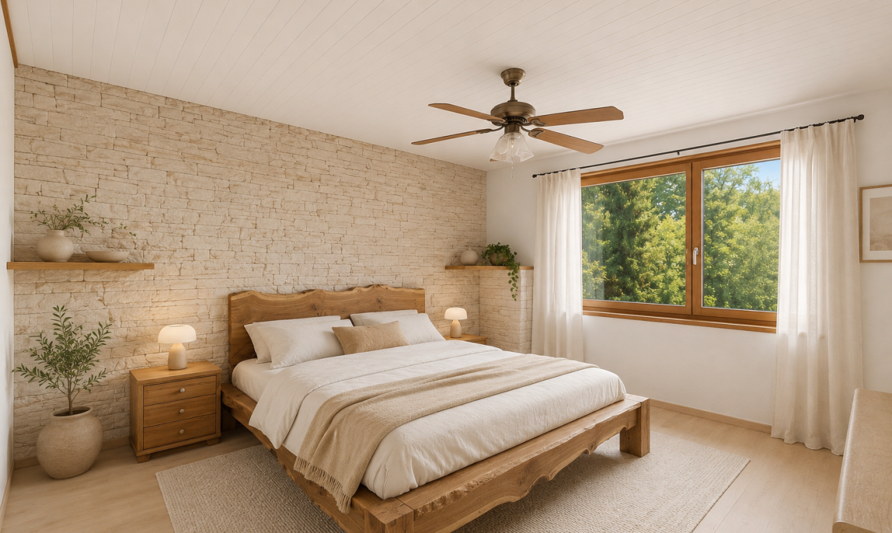 zimmer / schlafzimmer mit holzfußboden, wood finish floor, inside property, natürliches licht, und natural light