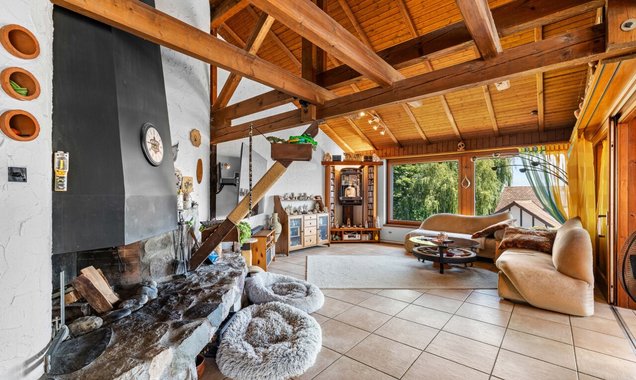 wohnzimmer mit dachschräge, vaulted ceiling, holzdecke, wood ceiling, und natürliches licht