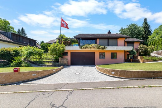 außenansicht mit property visible, day time, garage, rasen, und auffahrt