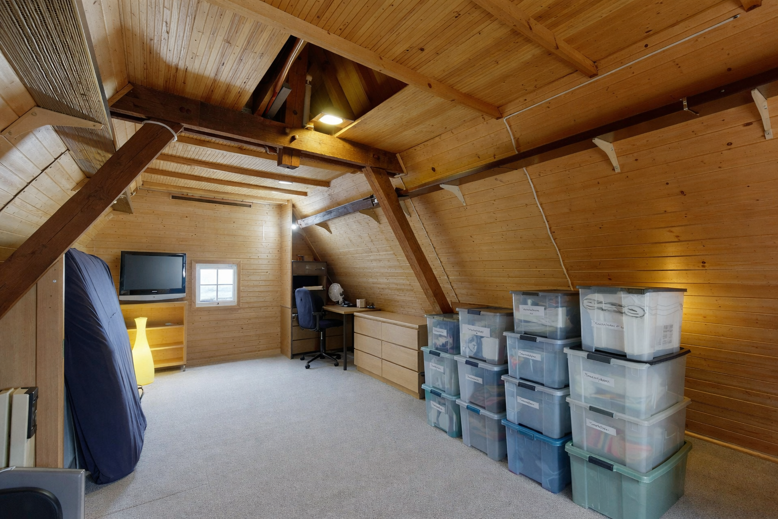 room featuring wood walls, light carpet, a wood ceiling with exposed beams, and a desk