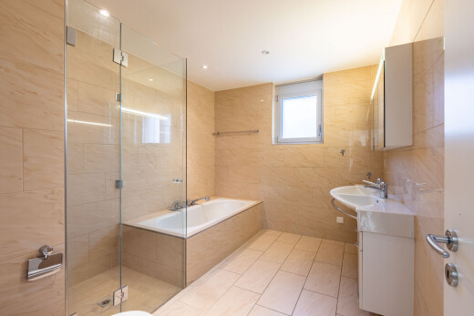 bad mit tile shower, komplettes badezimmer, dusche, bad, und natural light