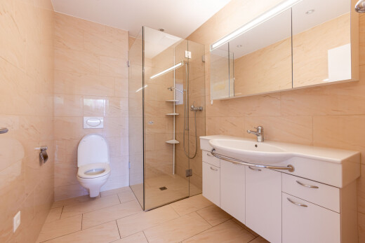 bad mit tile wall, fliesenwand, schminktisch, dusche, und toilette