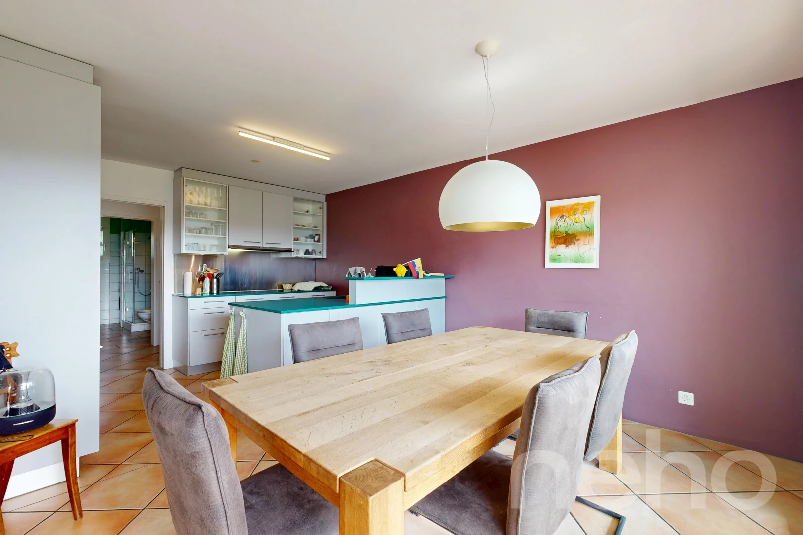 dining space featuring hanging light fixtures and light tile patterned floors