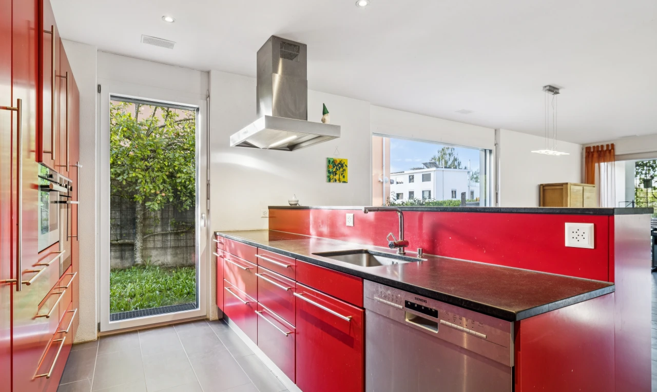 küche mit dunstabzugshaube, außenzugang, geschirrspülmaschine, two heights countertops, und waschbecken