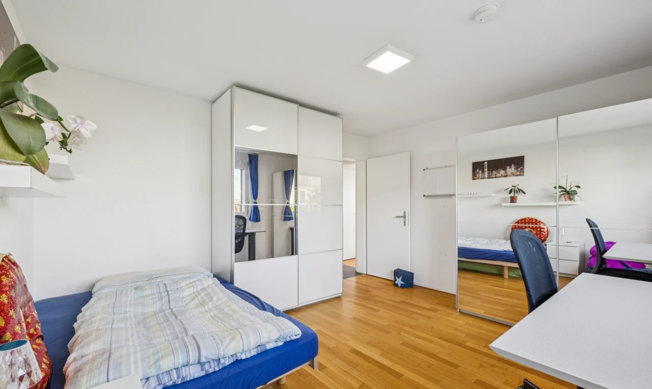 zimmer / schlafzimmer mit bürobereich, gipskartonwand, drywall, holzfußboden, und wood finish floor