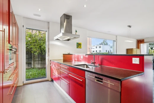 küche mit dunstabzugshaube, außenzugang, geschirrspülmaschine, two heights countertops, und waschbecken