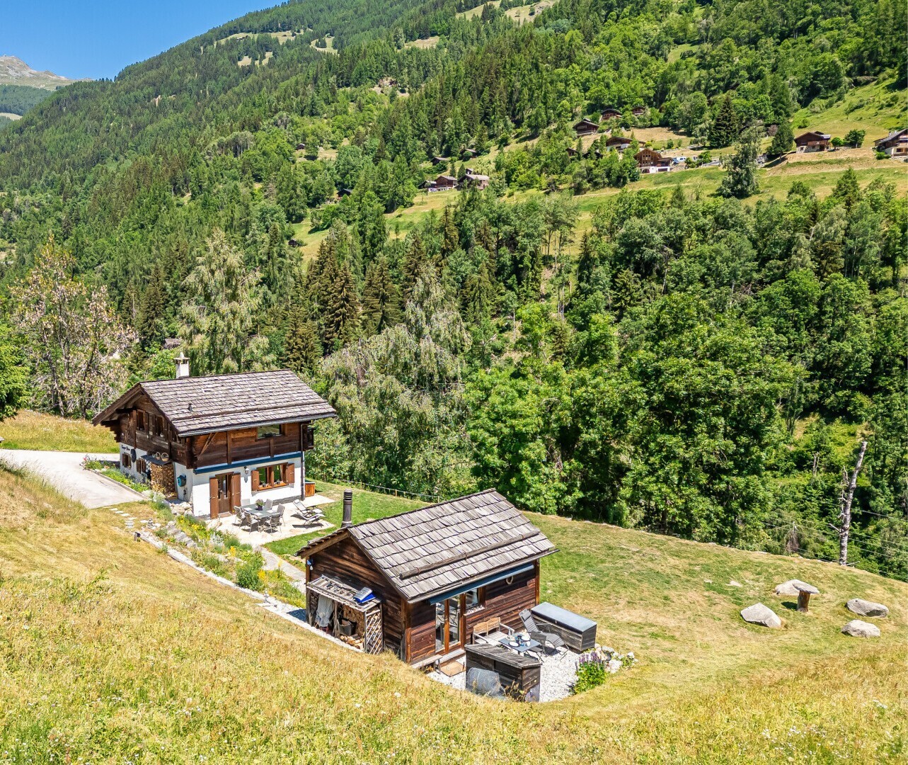 façade avec structure extérieure, forest view, vue sur la forêt, terrasse, et property visible