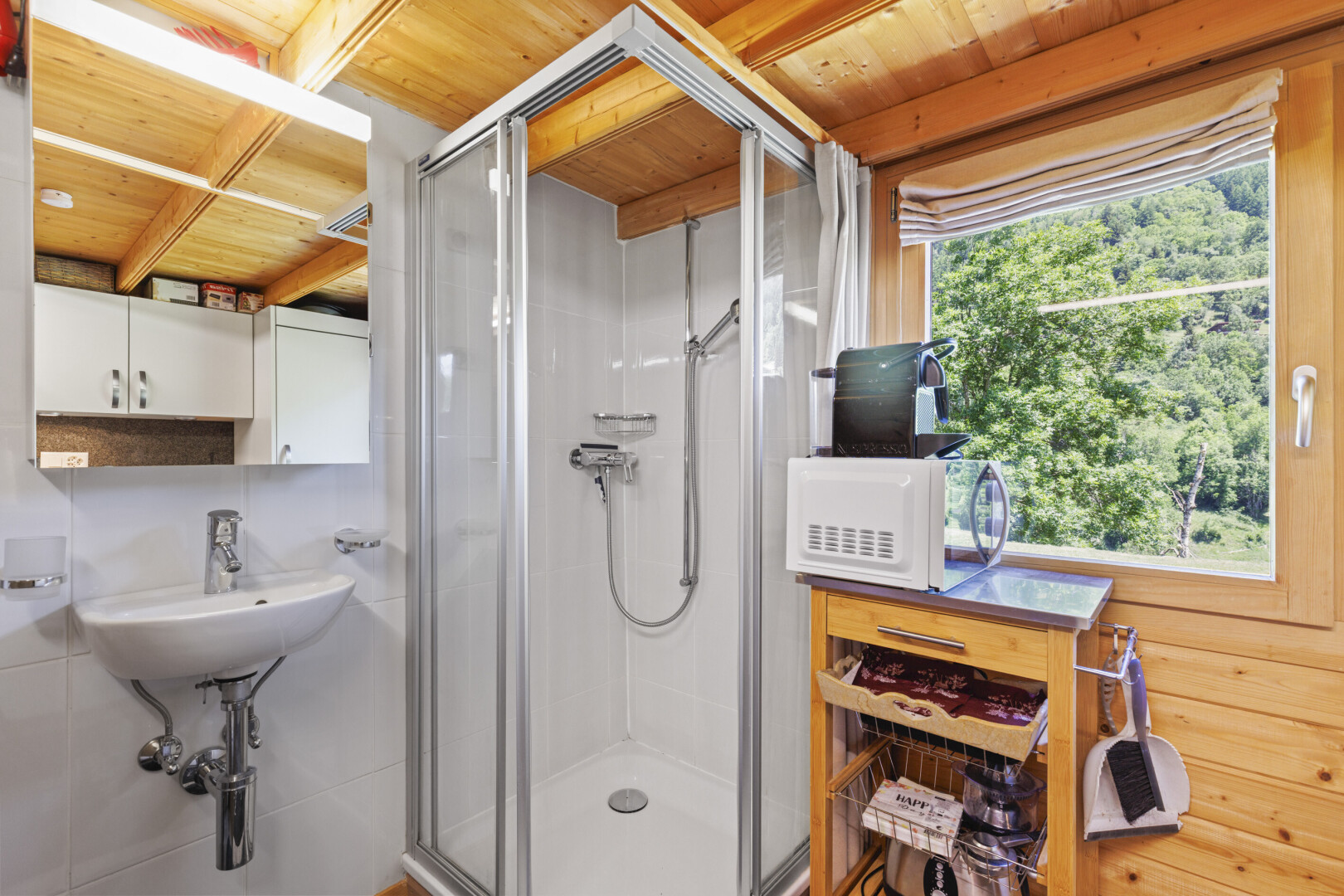 salle de bains avec douche, salle de bain complète, inside property, miroir, et plafond en bois