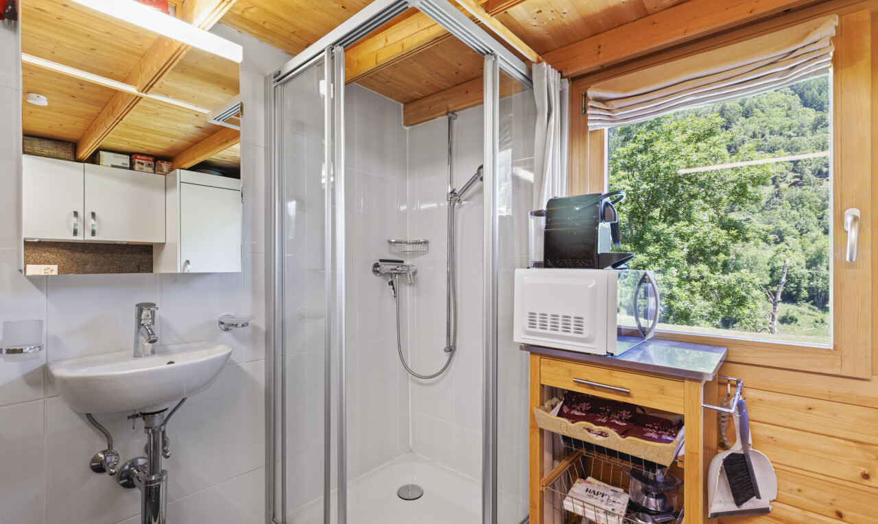 salle de bains avec douche, salle de bain complète, inside property, miroir, et plafond en bois