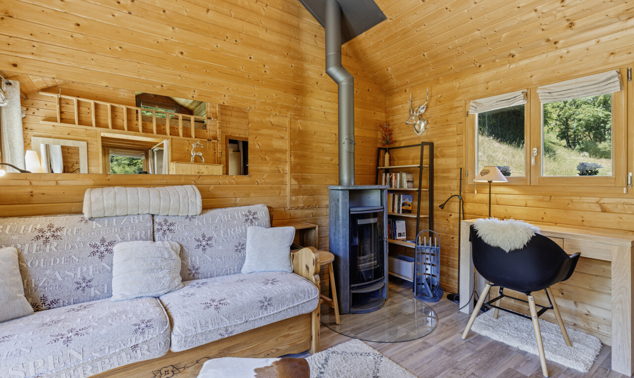 living area featuring wooden walls, wood finished floors, a wood stove, and vaulted ceiling