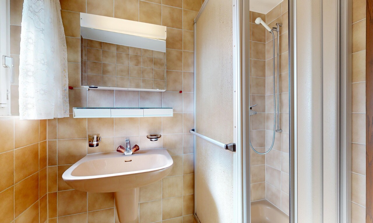 bad mit komplettes badezimmer, dusche, tile wall, fliesenwand, und spiegel