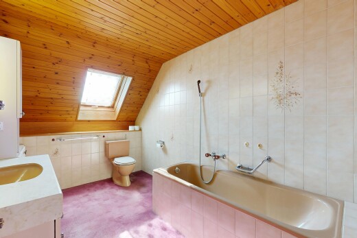 bad mit wood ceiling, holzdecke, komplettes badezimmer, toilette, und schminktisch