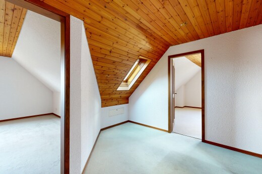 leerer raum mit dachfenster, holzdecke, wood ceiling, teppich, und carpet