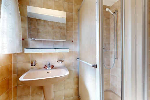 bad mit komplettes badezimmer, dusche, tile wall, fliesenwand, und spiegel