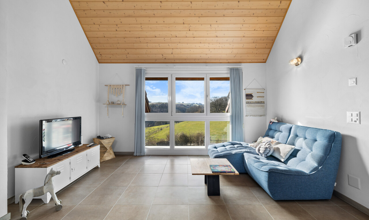 wohnzimmer mit holzdecke, natürliches licht, hohe decke, dachschräge, und fernseher