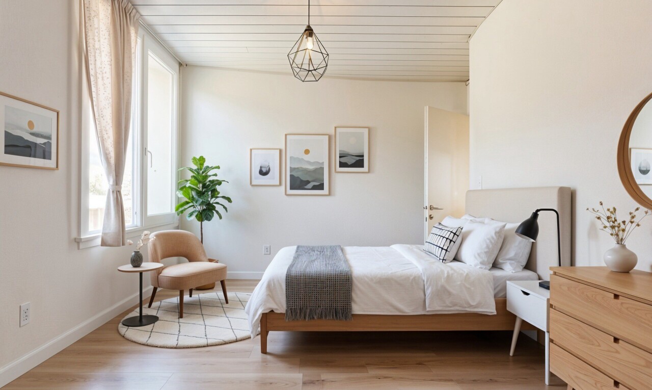 zimmer / schlafzimmer mit inside property, wood finish floor, holzfußboden, drywall, und gipskartonwand