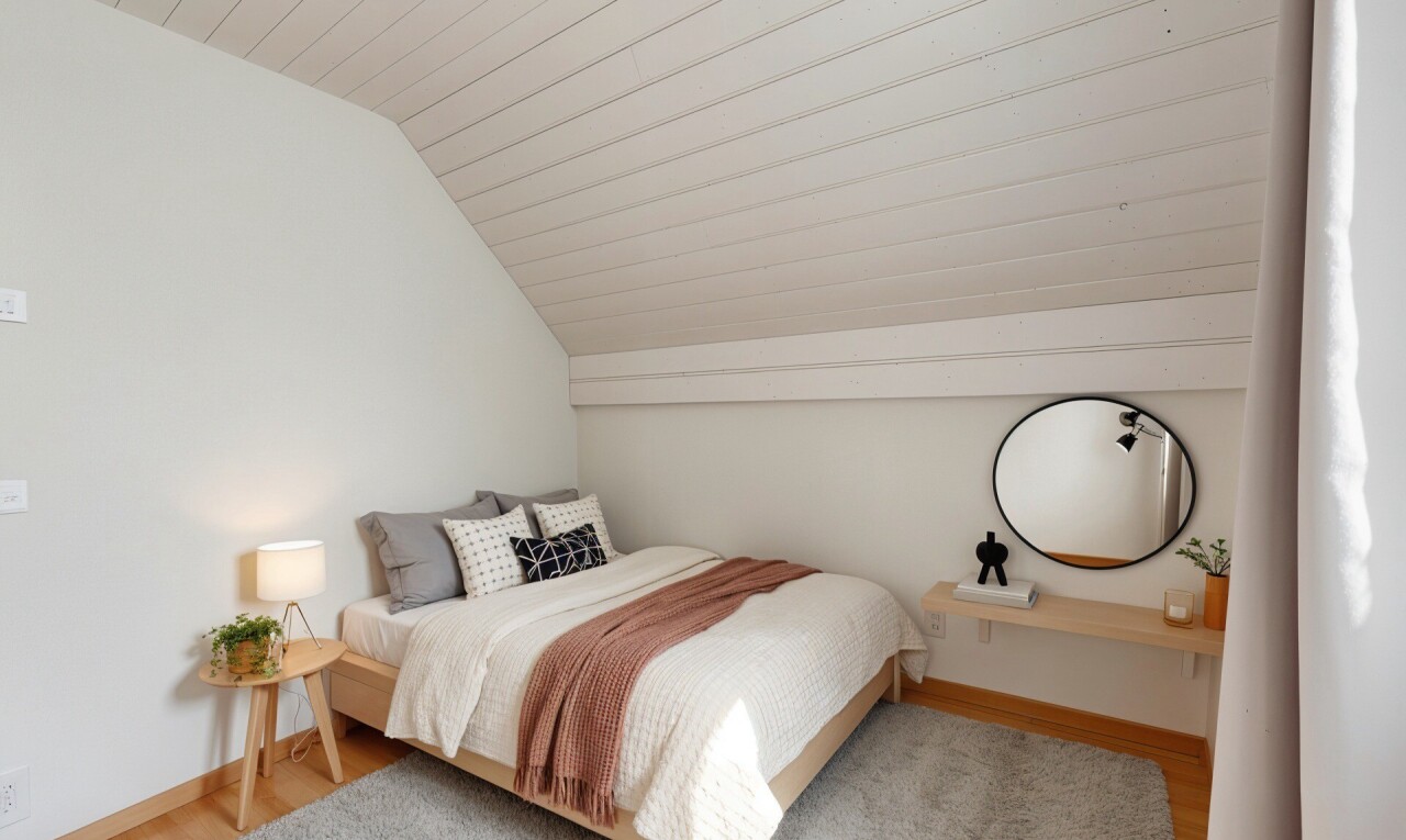 zimmer / schlafzimmer mit dachschräge, vaulted ceiling, inside property, gipskartonwand, und drywall