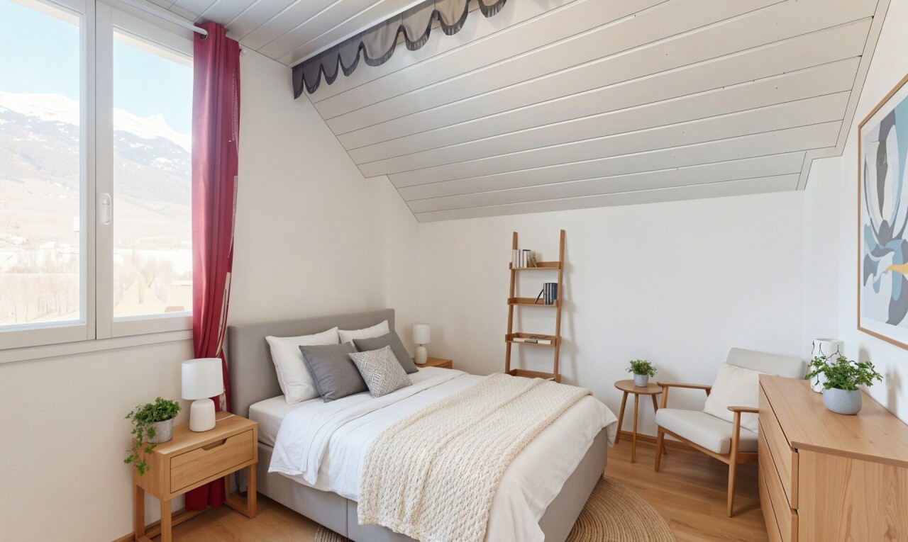 büro mit holzfußboden, wood finish floor, inside property, fernseher, und dachschräge