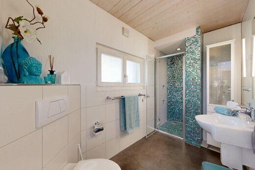 bad mit komplettes badezimmer, dusche, spiegel, natürliches licht, und natural light