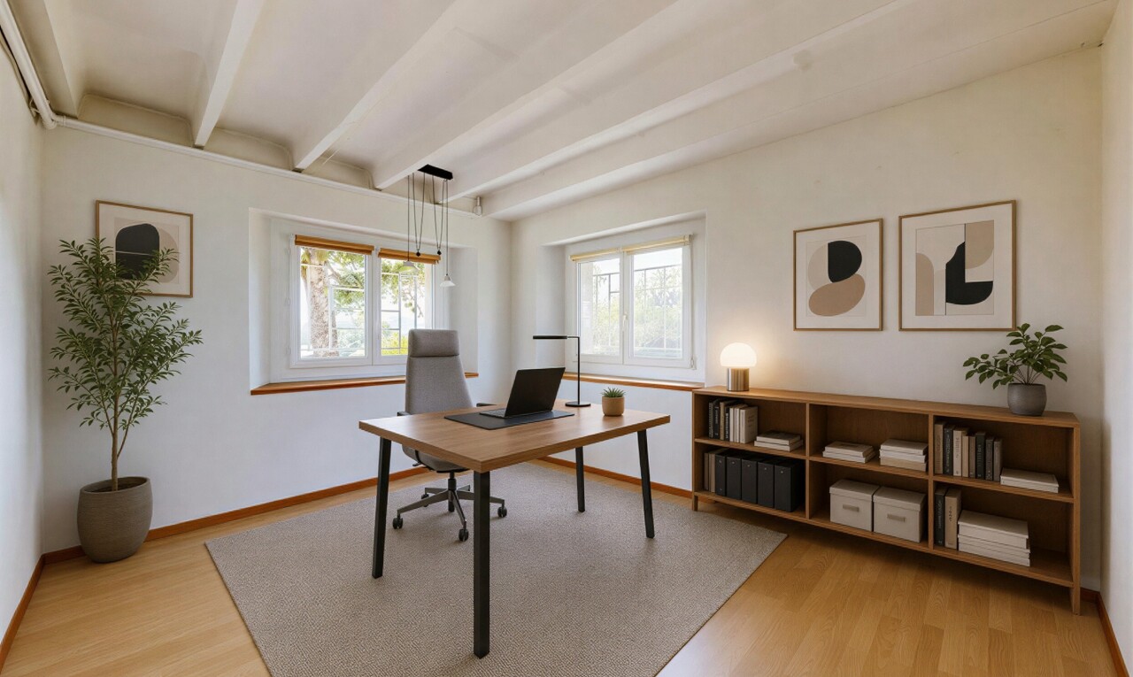 leerer raum mit holzfußboden, wood finish floor, balkendecke, beamed ceiling, und gipskartonwand