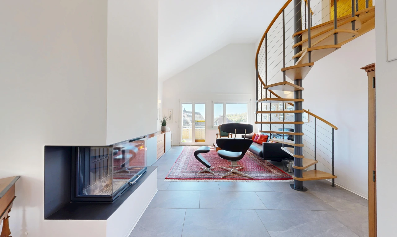 treppe mit treppen, hohe decke, high ceiling, außenzugang, und gipskartonwand