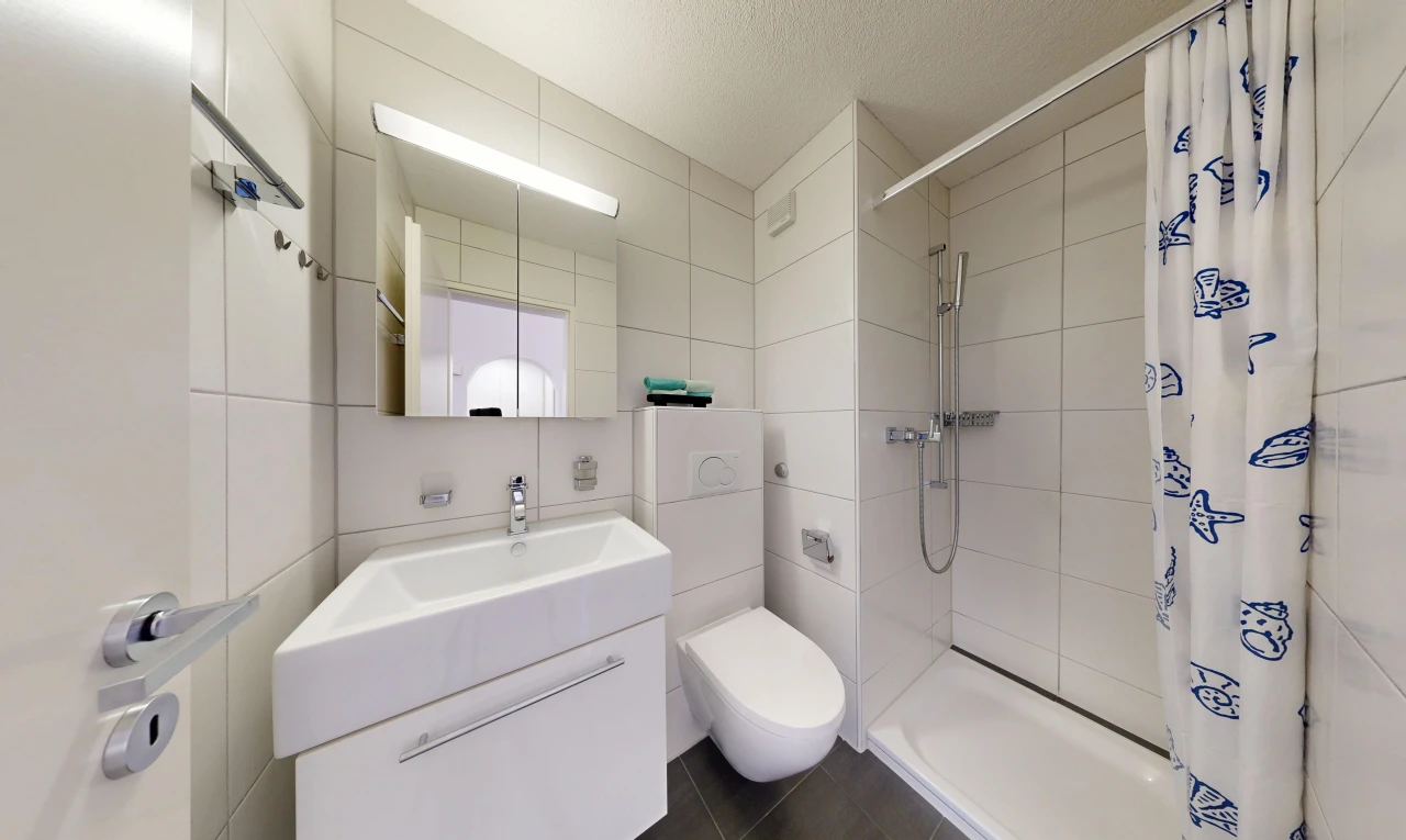 bad mit komplettes badezimmer, dusche, schminktisch, tile wall, und fliesenwand