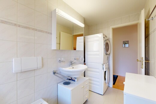 bad mit fliesenwand, tile wall, spiegel, waschturm, und waschbecken