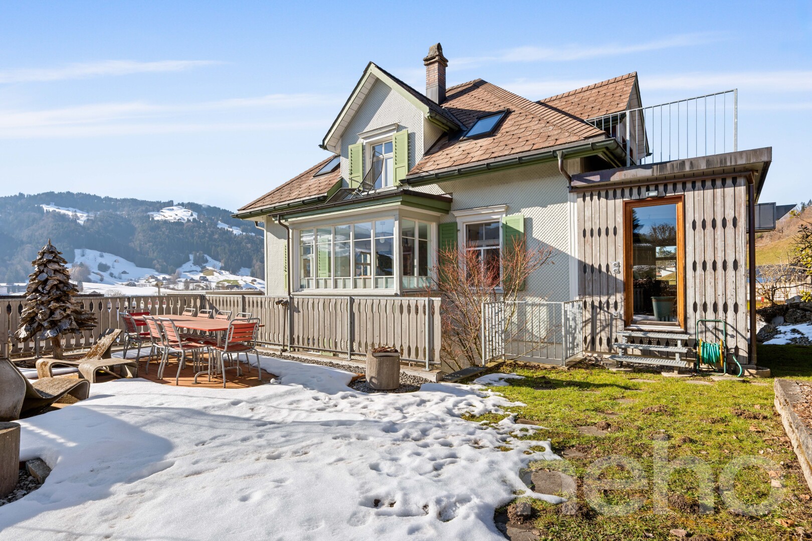 außenansicht mit day time, snow, from property, essbereich im freien, und rasen