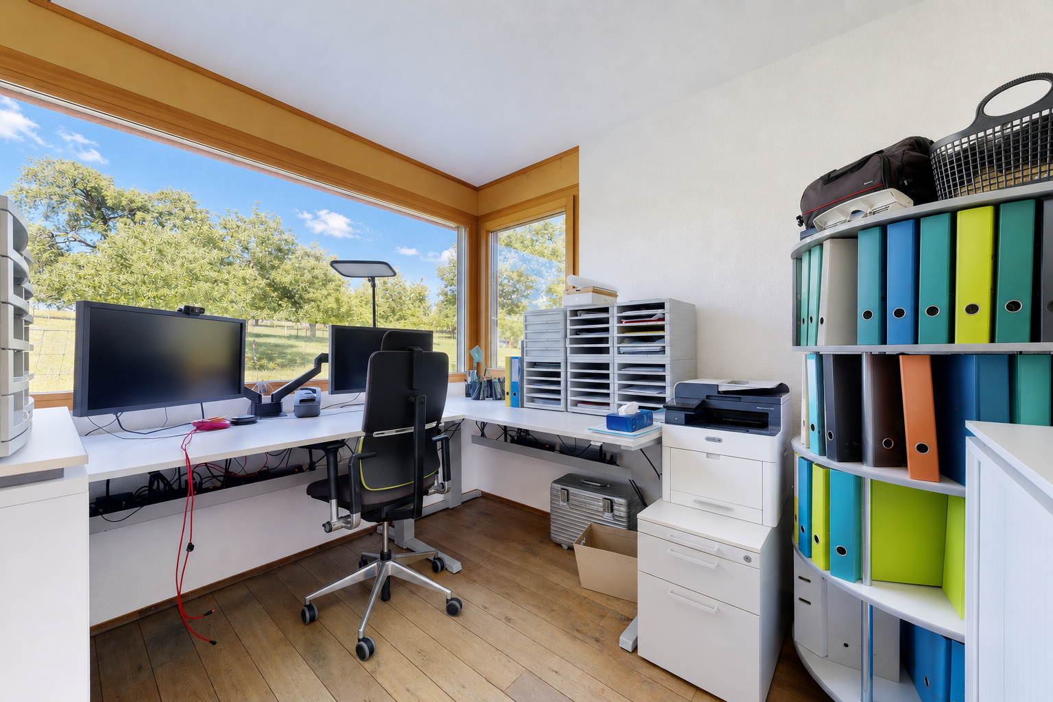 büro mit bürobereich, fernseher, light floor, wood finish floor, und holzfußboden