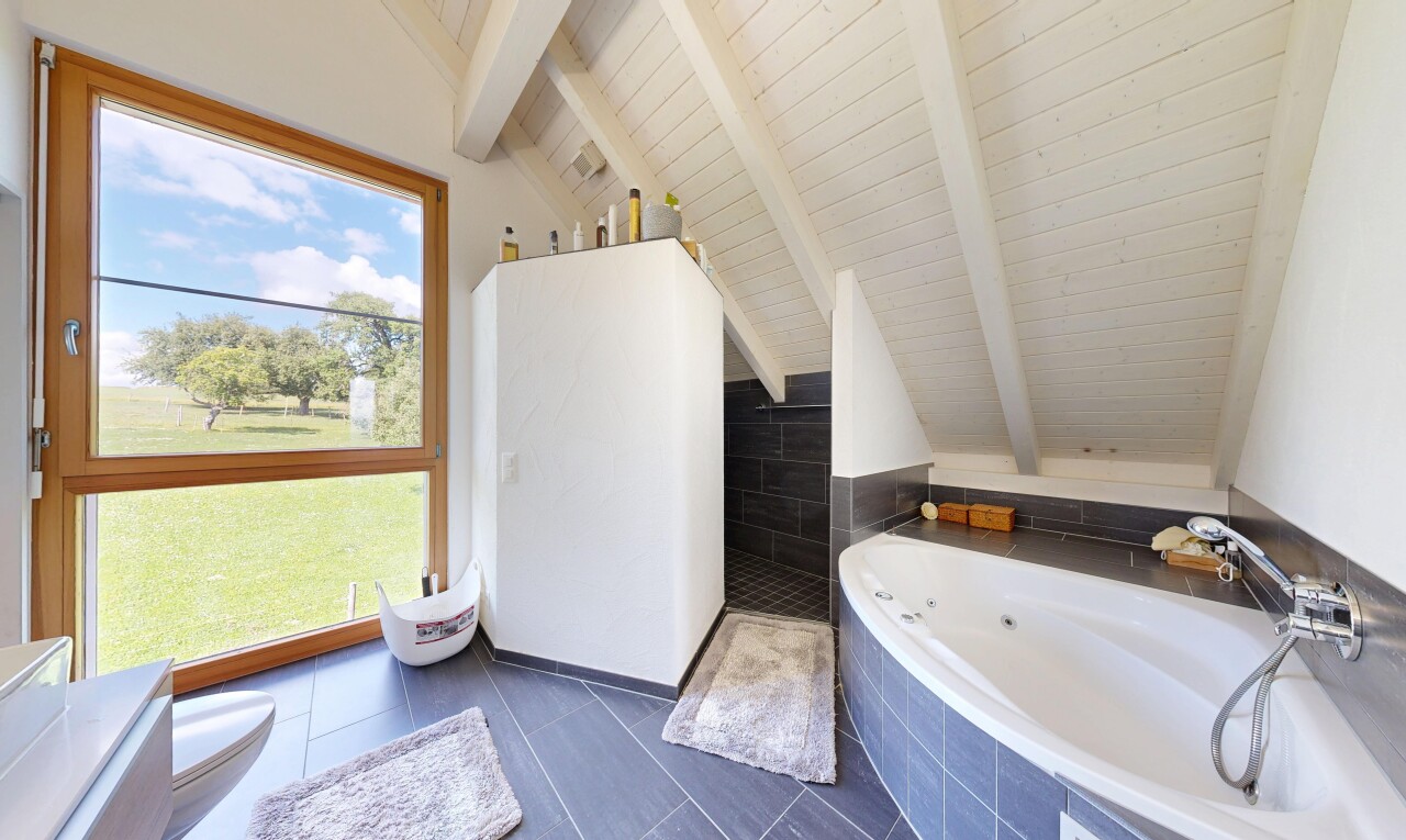 bad mit vaulted ceiling, dachschräge, komplettes badezimmer, dusche, und bad