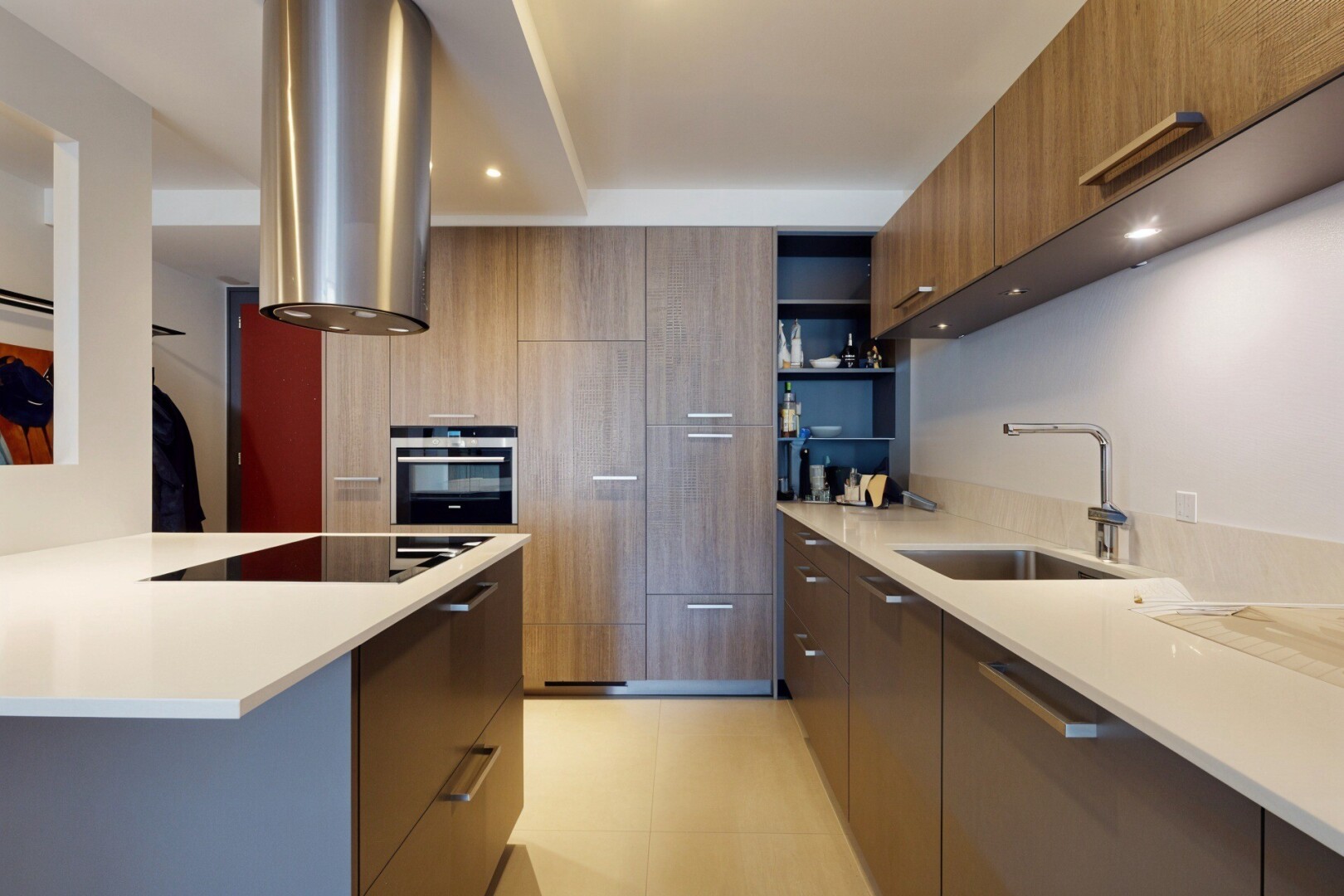 kitchen with modern cabinets, oven, open shelves, light stone countertops, and recessed lighting