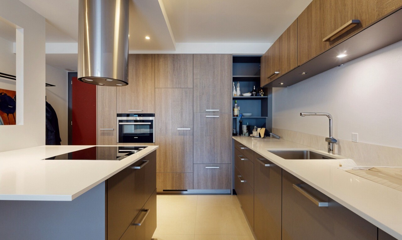 kitchen with modern cabinets, oven, open shelves, light stone countertops, and recessed lighting
