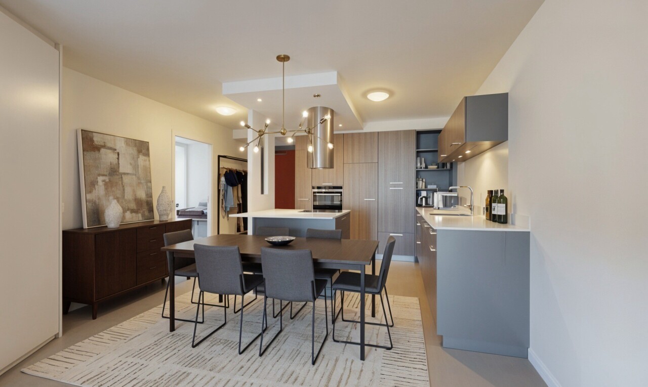 dining area with a sink and hanging lights