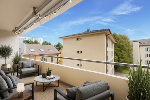 terrasse avec espace de vie extérieur, day time, from property, apartment complex view, et virtually staged