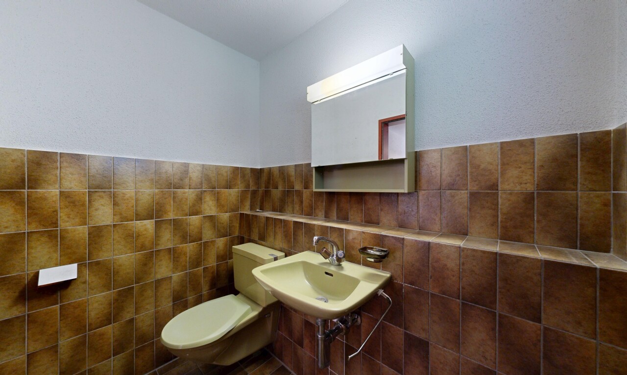 bad mit toilette, gäste-wc, inside property, spiegel, und waschbecken