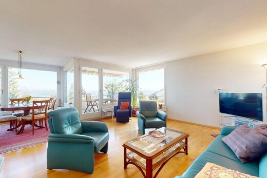 wohn- / esszimmer mit fernseher, holzfußboden, gipskartonwand, und natürliches licht