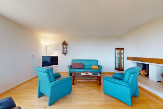 living area with baseboards, a multi sided fireplace, and wood finished floors